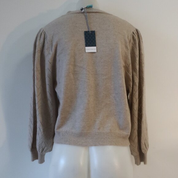 NWT Two Bees Cashmere Wool Taupe Pointelle Puff Slv V-Neck Cardigan Sweater XS - Picture 8 of 11